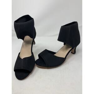 BLACK PUMPS 2.5" HEEL ELASTIC ANKLE STRAP OPEN TOED SIZE 41 (US10.5)